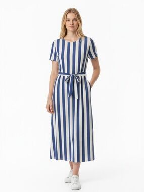 Blue White Striped Tie Waist Midi Dress Size Large